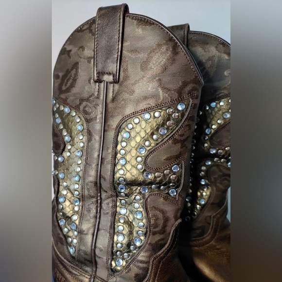 Frye cowgirl boots Daisy Duke Brown Leather Studded Western Womens 9 preowned - Picture 2 of 7